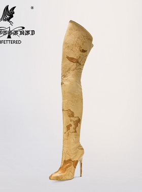 Unfettered订做私人定制女鞋印花超高细跟尖头过膝大腿长靴冬碎花