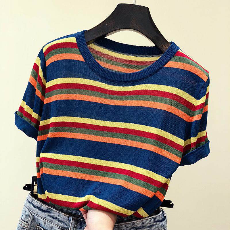 条纹针织衫短袖t恤女2019新款春夏季修身显瘦上衣韩版学生打底衫|ruв категории Женская одежда, свитер - от Buy2taobao.com для оказания профессиональной услуги покупки агента Taobao