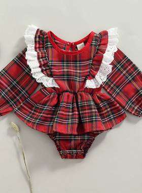 0-24M Newborn Baby Girls Christmas Clothes Red Plaid Romper