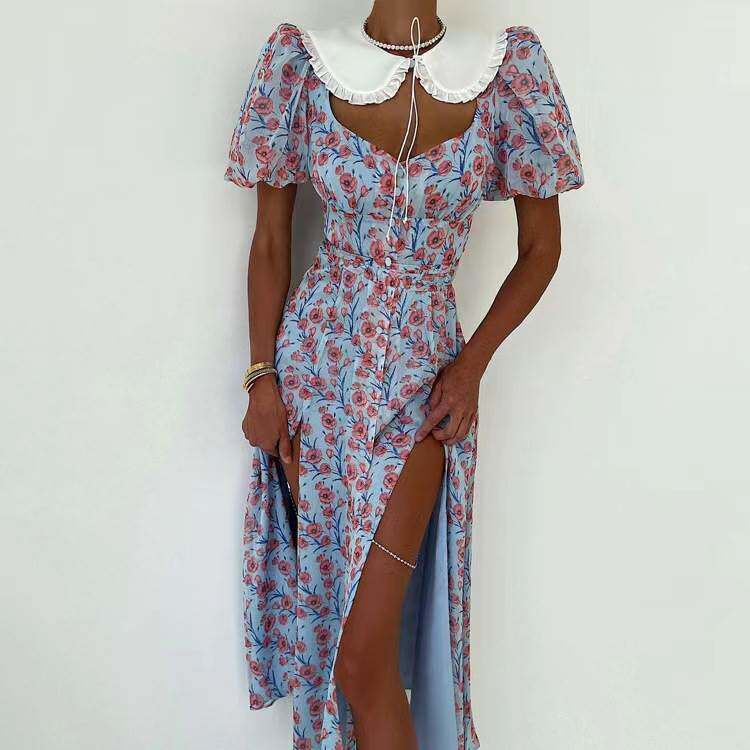 欧美性感镂空印花娃娃领短袖开叉连衣裙 Printed doll neck dress
