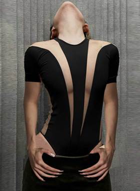 欧美2023紧身圆领薄款网纱黑色拼接镂空短袖高腰连体上衣百搭T恤