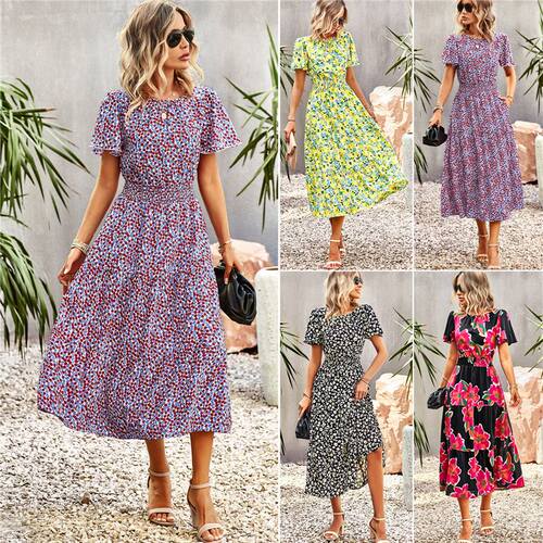 女连衣裙长裙 Floral print 2023summer short sleeve long dress
