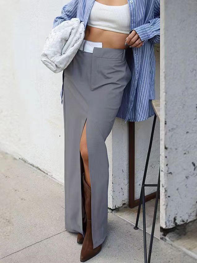 欧美风拼接设计感半身裙开衩高腰包臀长裙 High waist slit skirt