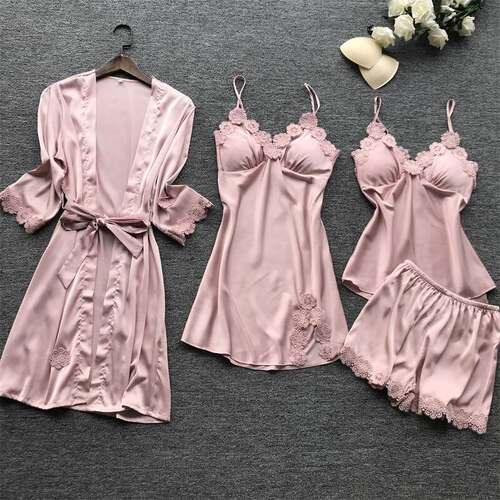women Pajamas 4-piece suit women silk lace pajamas set