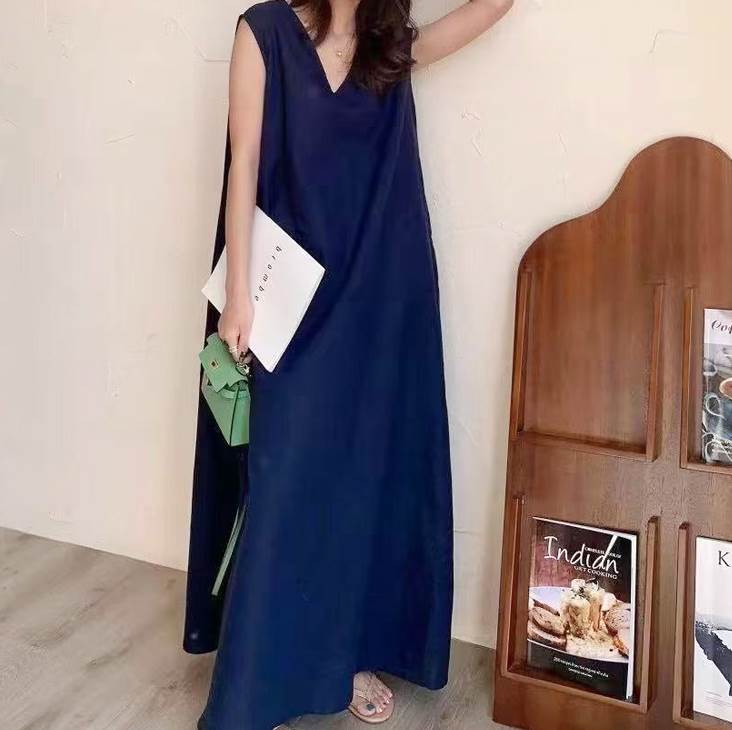 夏季新款外贸女装日系简约无袖纯色韩版V领丝麻背心连衣裙长裙子