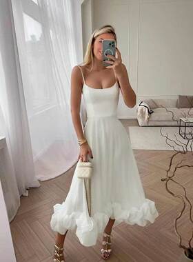 Women Elegant Party Dress Summer欧美吊带大摆立体花朵A字裙女