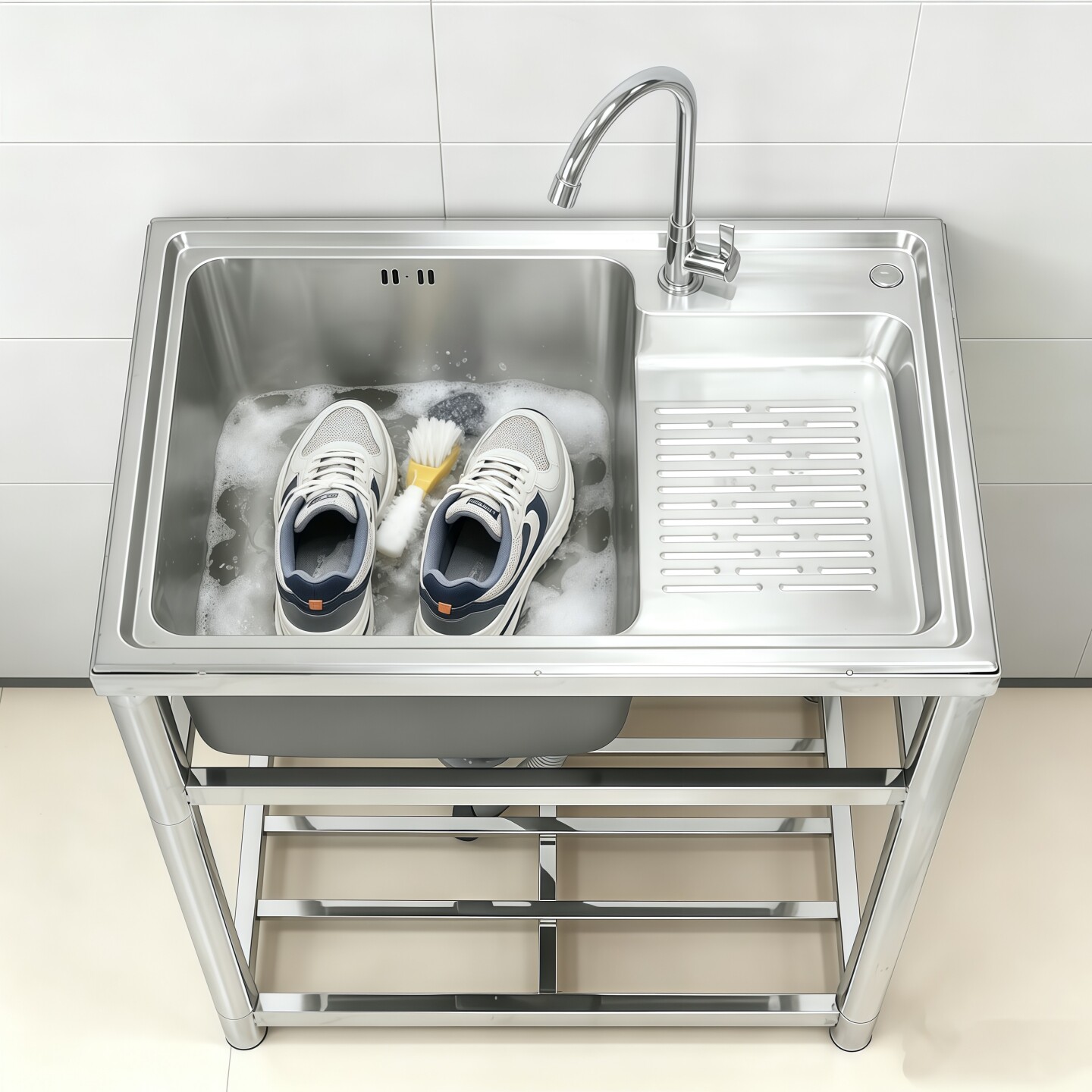 304不锈钢洗衣服水槽大单槽洗衣盆一体搓衣板加厚洗衣池落地支架