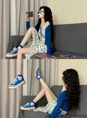 小个子法式蓝色碎花吊带连衣裙子女夏季2024新款海边度假长裙