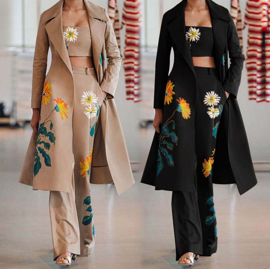 Printed Long Jacket Vest Pants Set欧美印花风衣外套裤子套装女