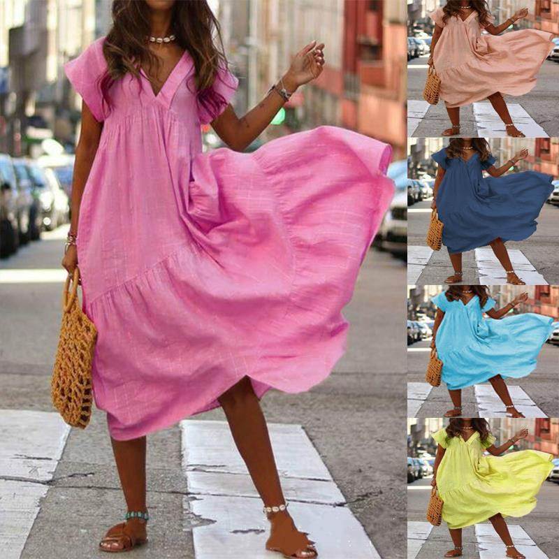 New fashion summer women's V-neck large swing dress