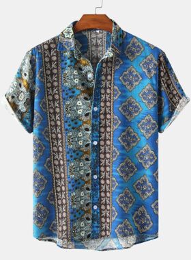 2021Men's Casual Beach Shirt Floral Print Short Sleeve Shirt