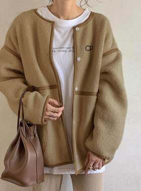 跨境爆款2023秋冬日韩新款羊羔毛外套女短款宽松拼接毛毛外套coat