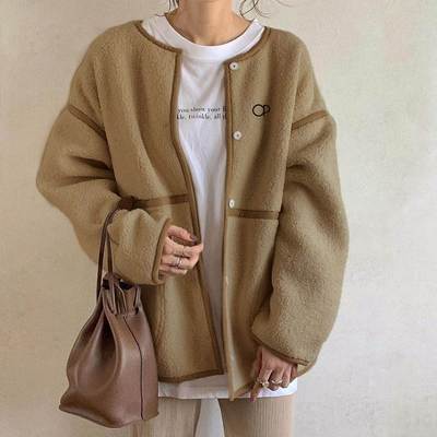 跨境爆款2023秋冬日韩新款羊羔毛外套女短款宽松拼接毛毛外套coat