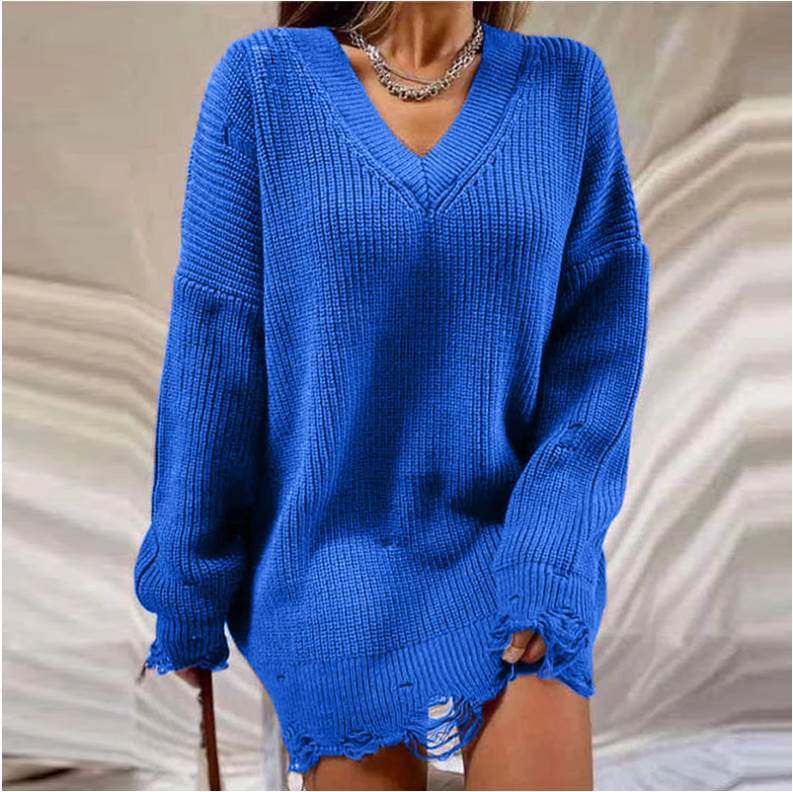 Ripped Knitted Sweater 欧美秋冬纯色破洞长袖宽松套头针织毛衣