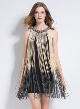 欧美新款无袖蓝色挂脖时尚性感流苏裙礼服裙包臀修身连衣裙子女潮