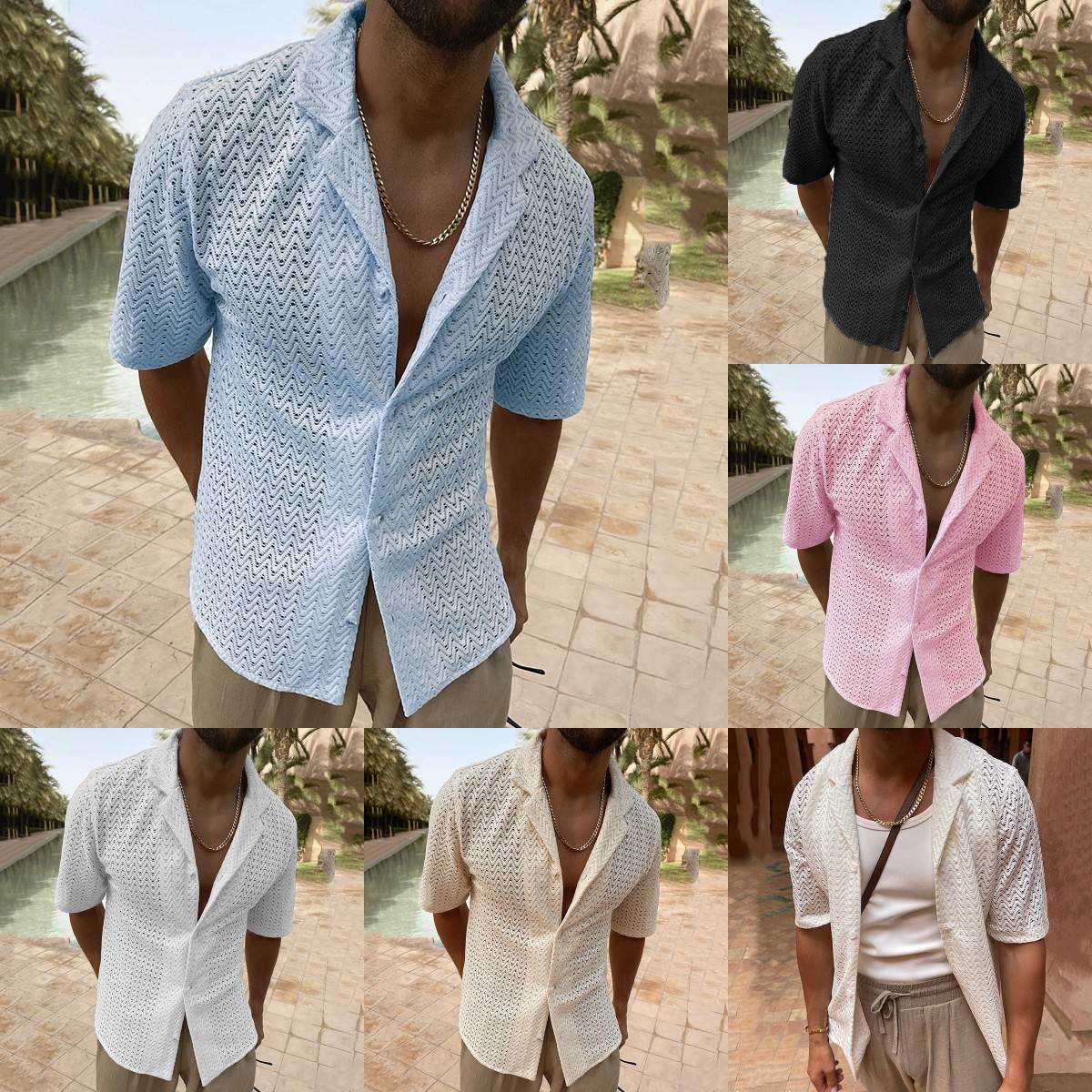 Men's casual shirt T-shirt 欧美男装休闲衬衫上衣镂空衬衫T