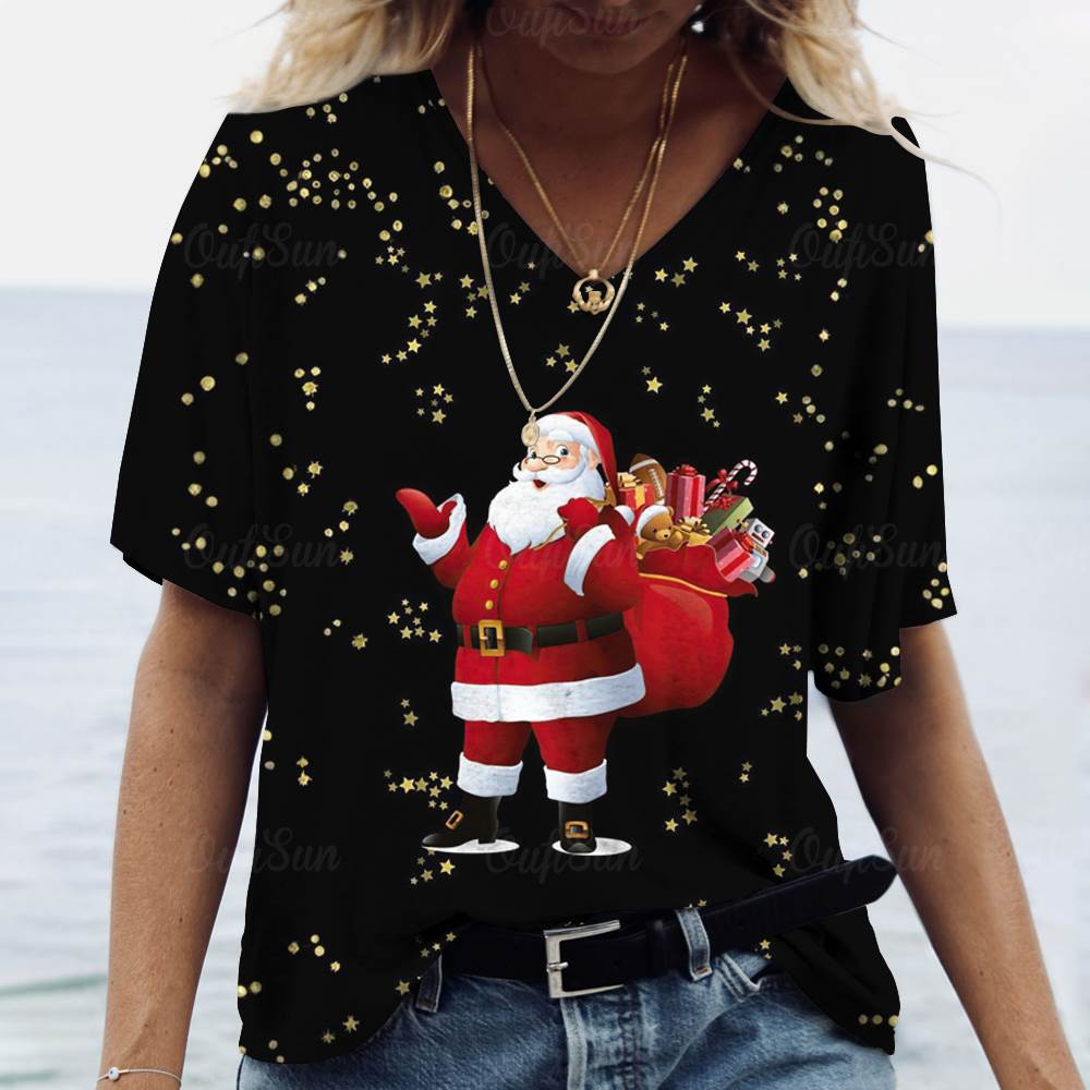 Santa Claus T Shirt for Women Fashion V-Neck Short Sleeve