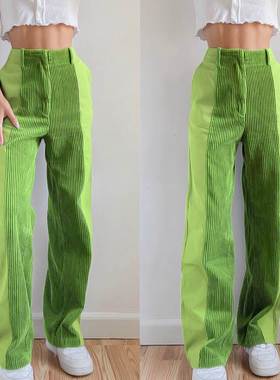 Women color pants 女装欧美风时尚宽松拼色绿色休闲裤女拼色特卖