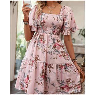 skirt印花方领褶皱短袖 fashion 连衣裙 ladies print women dress