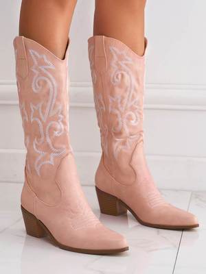 Thick heel shoes embroidered medium boots leather winter2022