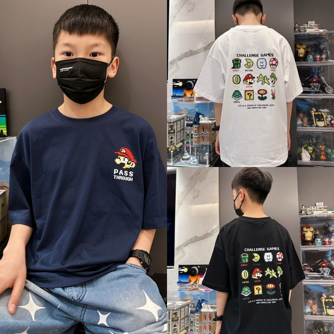春夏新品儿童装个性短袖上衣男女童嘻哈马赛克头像马丽奥印花T恤