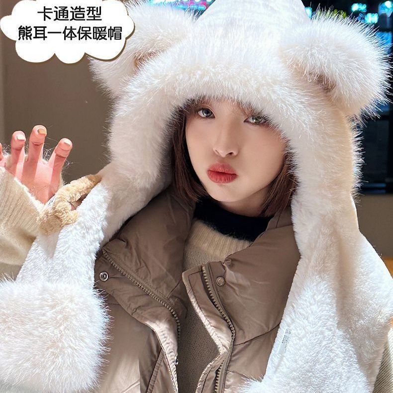 小熊帽子女冬季围巾一体毛绒骑车护耳连帽围脖可爱圣诞米乐熊新品