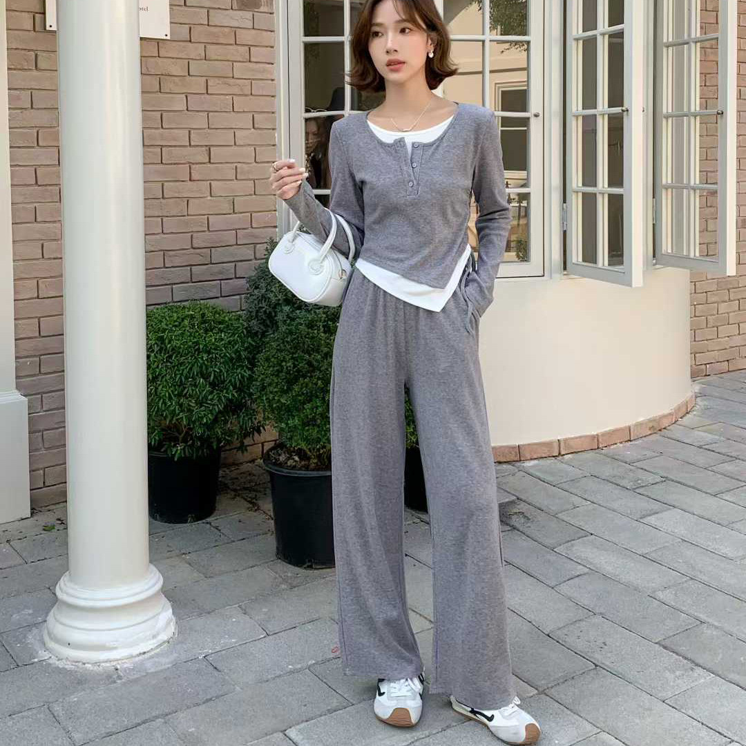 不规则抽褶上衣阔腿裤两件套女春
