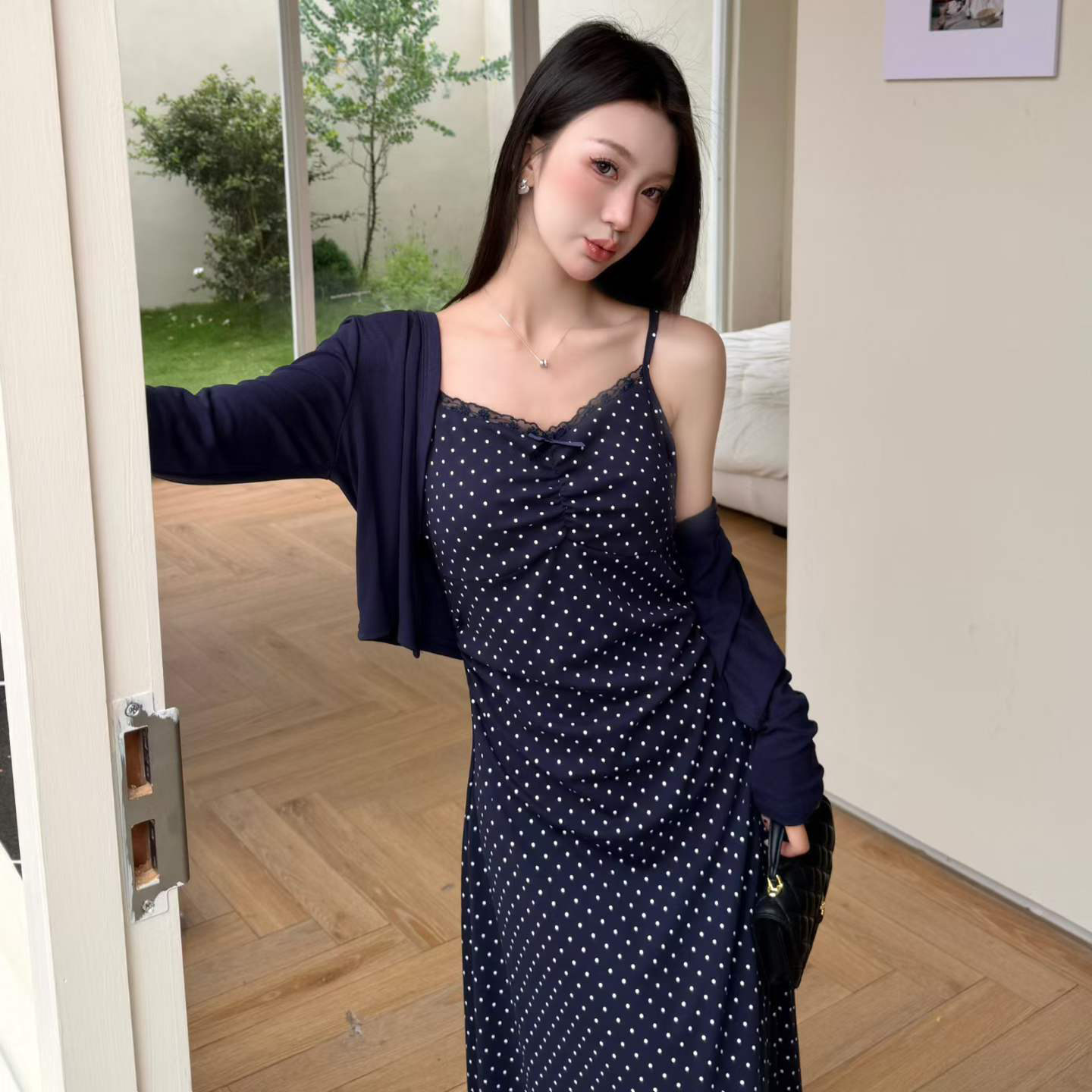 蕾丝蝴蝶结连衣裙开衫两件套女夏
