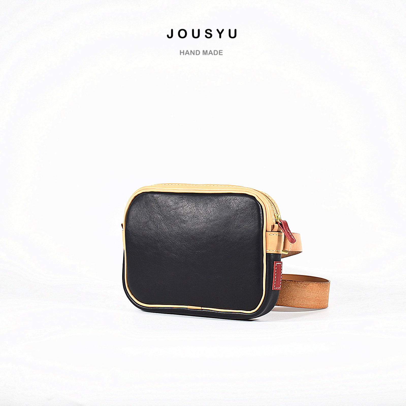 JOUSYU植鞣牛皮手工胸包斜挎包单肩包邮差包撞色复古原色黑色