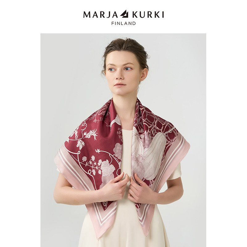 MARJAKURKI玛丽亚古琦桑蚕丝大方巾妈妈款真丝丝巾红色礼盒送长辈