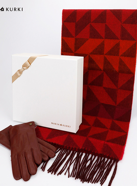 MARJAKURKI玛丽亚古琦红色格子羊毛围巾女羊皮真皮手套两件套礼盒