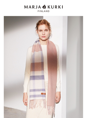 MARJAKURKI玛丽亚古琦纯山羊绒围巾女生冬季双面格子围巾红色礼盒