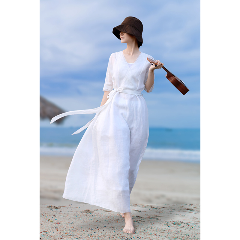 棉麻女装新款裙子女白色文艺复古苎麻连衣裙轻奢超仙汉服度假长裙