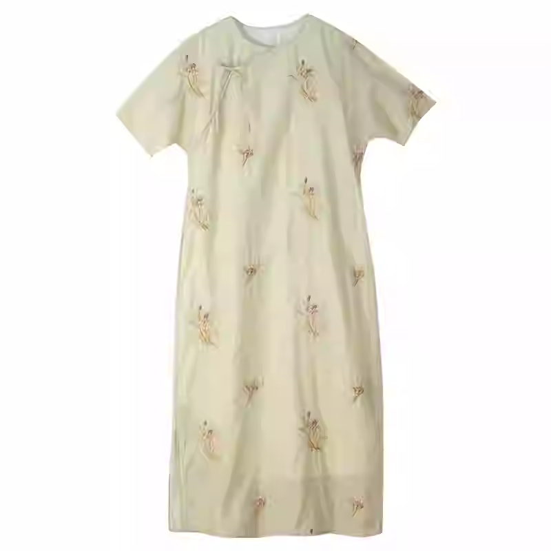 2025年夏季新款苎麻连衣裙女日常印花裙子复古民国风茶服大码女装