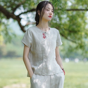 新款 复古上衣女夏季 棉麻女装 短袖 纯色T恤 修身 型亚麻刺绣圆领薄款