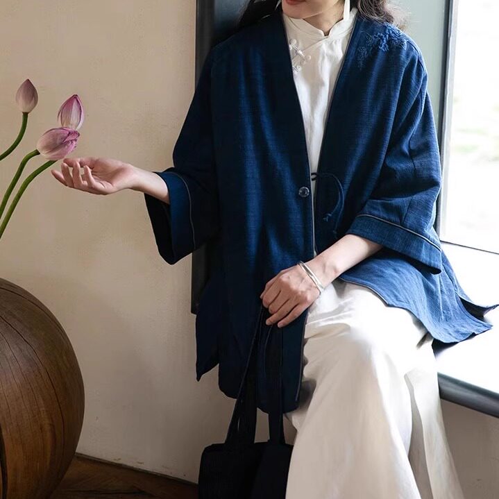 2024年秋季新款女装宽松色织纯亚麻女士外搭大码开衫披肩外衣条纹