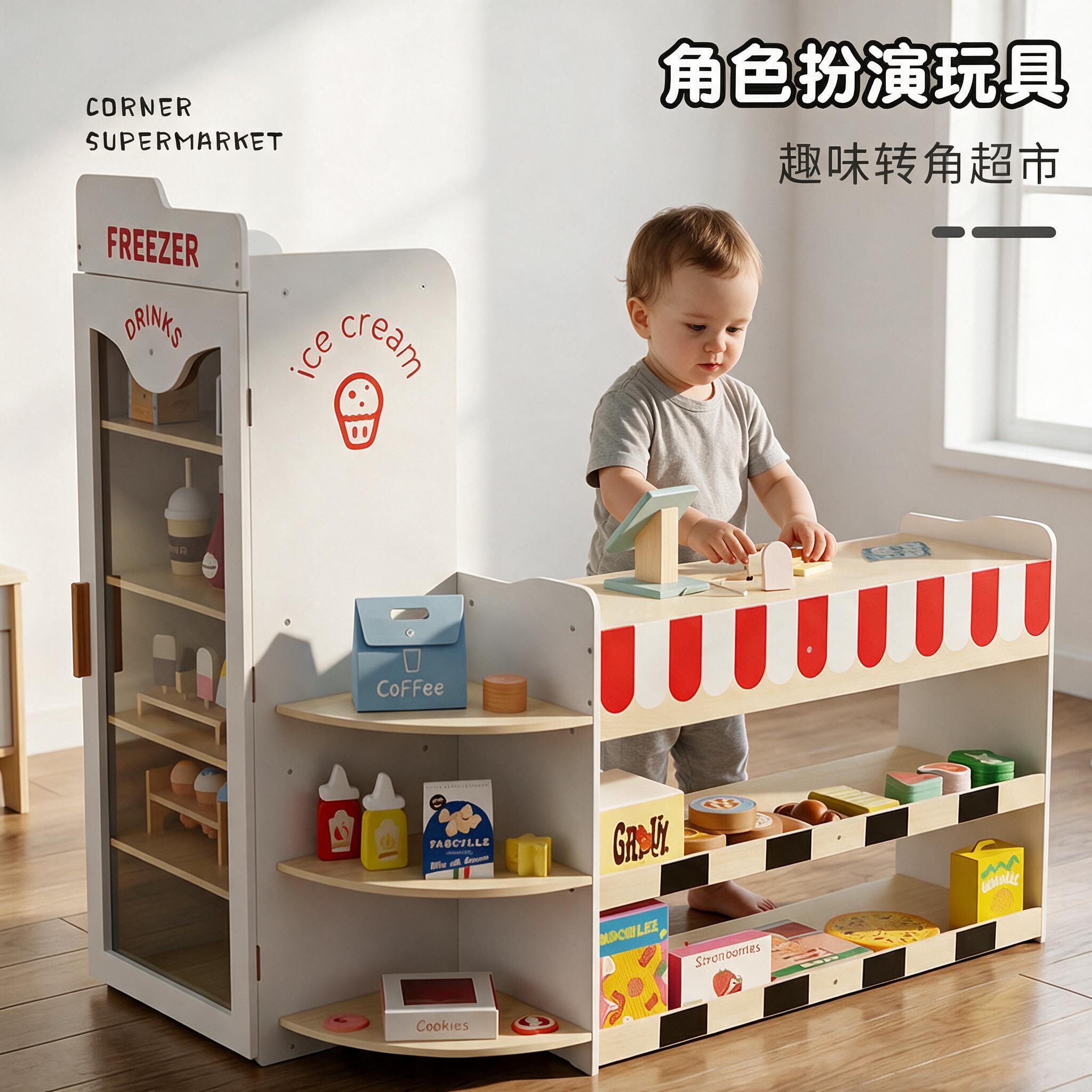 儿童仿真灯光转角超市售货机饮料机果蔬小卖部收银过家家木质玩具