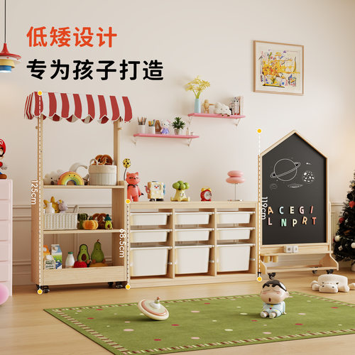 亚马逊儿童仿真小卖铺货架木质过家家实木收纳架幼儿园区角游戏屋