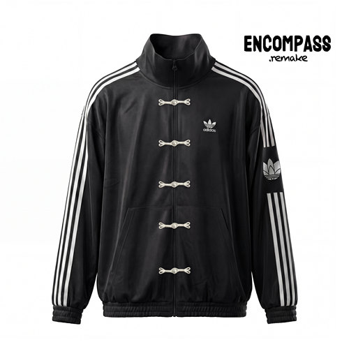 Adidas三叶草黑白条纹新中式夹克