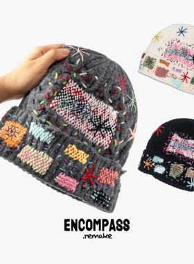 ENCOMPASS Remake 废土风复古摇滚Y2K破坏手工缝制撞色男女毛线帽