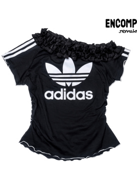 Adidas/三叶草 Remake大logo一字领斜肩荷叶边短袖T恤女ENCOMPASS