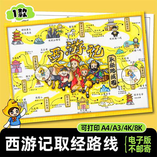 西游记取经路线手抄报电子模板 小学生四大名着好书线稿