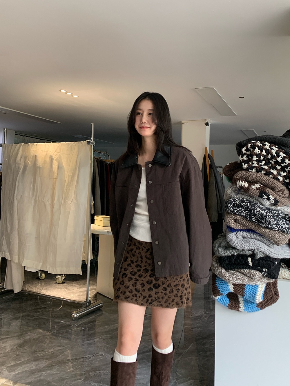 sroomone2025秋冬新品PU领子撞色高密斜纹日系宽松夹克女外套衫