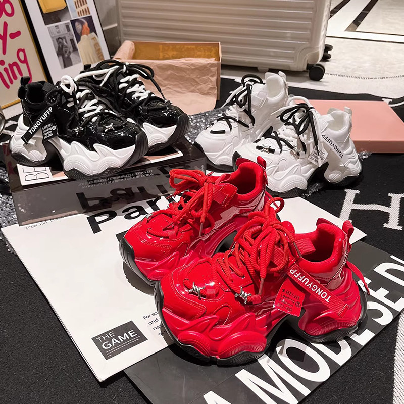 2026欧洲站漆皮系带绑带铆钉厚底松糕老爹鞋女增高运动鞋女小白鞋,女鞋,老爹鞋,淘宝优惠券,粉丝福利购,淘宝优惠卷