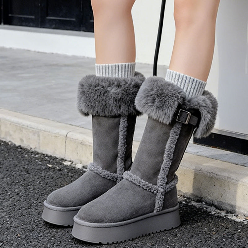 两穿加绒加厚高筒棉鞋灰色雪地棉