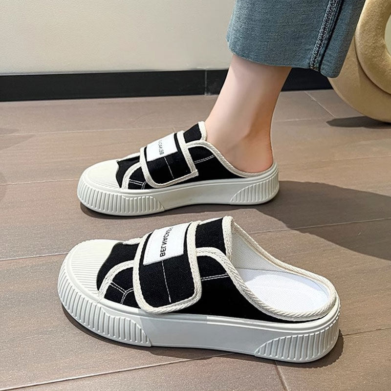 帆布包头半拖鞋女2023年秋季新款厚底懒人拖无后跟魔术贴小白鞋潮,女鞋,帆布鞋,淘宝优惠券,粉丝福利购,淘宝优惠卷