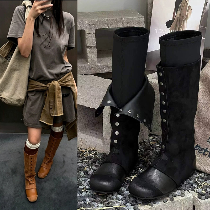 不过膝靴子平底高筒弹力靴子女