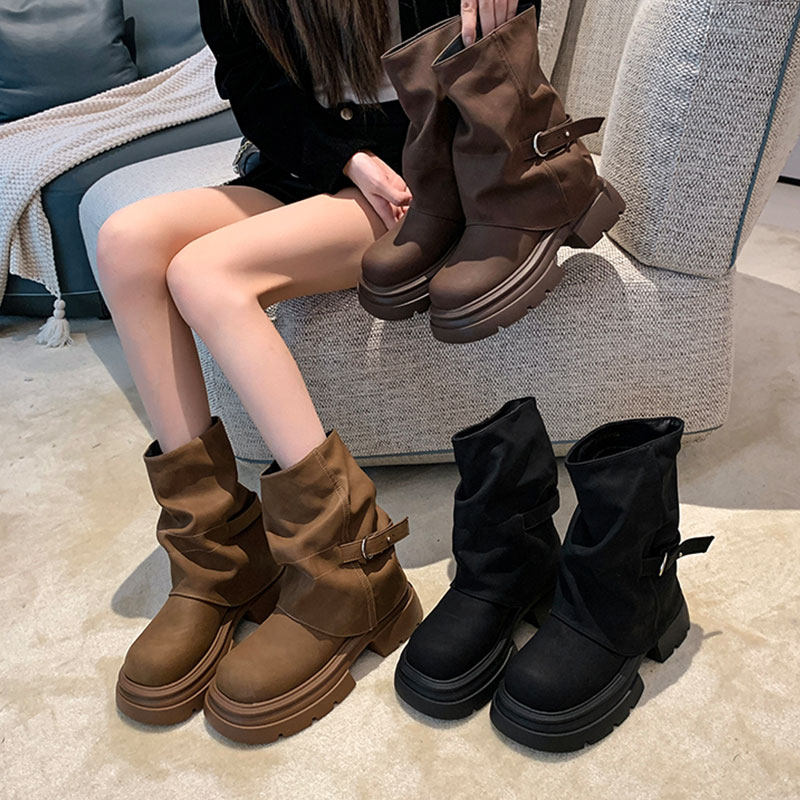厚底增高马丁靴女2025新款春秋季复古棕色美拉德堆堆靴短筒裤管靴,女鞋,西部靴,淘宝优惠券,粉丝福利购,淘宝优惠卷