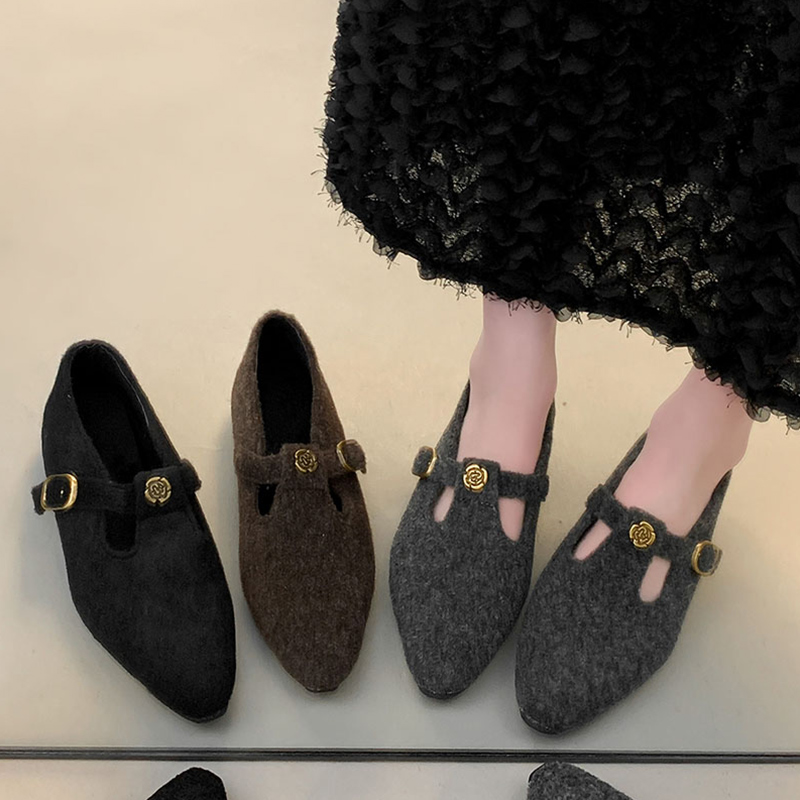 小香风灰色毛呢单鞋女毛毛棉鞋