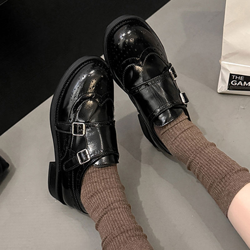 2026新款时尚百搭复古雕花双扣粗跟圆头英伦风小皮鞋休闲单鞋女,女鞋,深口单鞋,淘宝优惠券,粉丝福利购,淘宝优惠卷